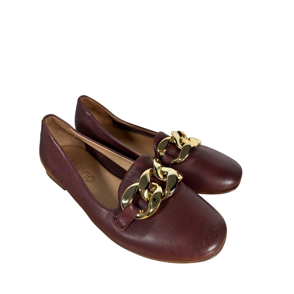 Bueno Burgundy Leather Gold Chain Link Loafers Slip On Flats Size 36 EU 6 US